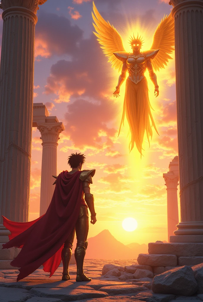 Seiya de pegasus com armadura rachada e quebrada, com uma roupa vermelha, Cavaleiros do Zodíaco, unreal motor render São Seiya, arte oficial, joseph joestar, Arte da sede, arte oficial do anime, Akira Toriyama, Obra-prima do anime, Deus grego no estilo mecha, Parte Brando, capa de filme. A scene at sunset with a sky in shades of orange, purple, and gold. Seiya, wearing his Pegasus armor, stands in a questioning pose, facing Apollo, who hovers slightly above the ground, radiating a golden aura. Apollo's expression is enigmatic, with glowing golden eyes. The background features ruins of Greek temples and celestial pillars, blending with the sky. The atmosphere is serene yet tense, highlighting the philosophical confrontation between the mortal Seiya and the divine Apollo, with the landscape emphasizing their contrasting natures.