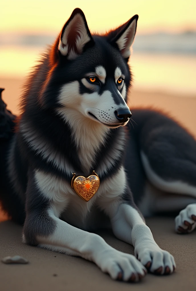 Black Siberian Husky wolf with wings lying on a beach.
Brown eyes and sad look.
 A seal of a small sun on the forehead.
And a little broken glass heart in my chest .

