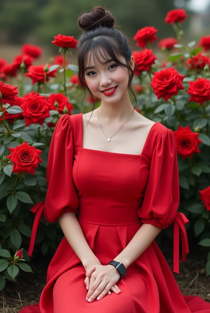 a beautiful Indonesian woman, smooth white skin, well-groomed face,top bun hair, Korean style with bangs, ,wearing a closed chest dress, red, knee length,left and right sleeves with beautiful ribbons,balloon sleeve model ,memegang buket bunga mawar  red ,black watch, white shoes, Sitting pose, di rerimbunan bunga mawar, warna red  yang berbunga indah dan lebat. Rose garden background, beautiful very amazing .Realistic original photo 