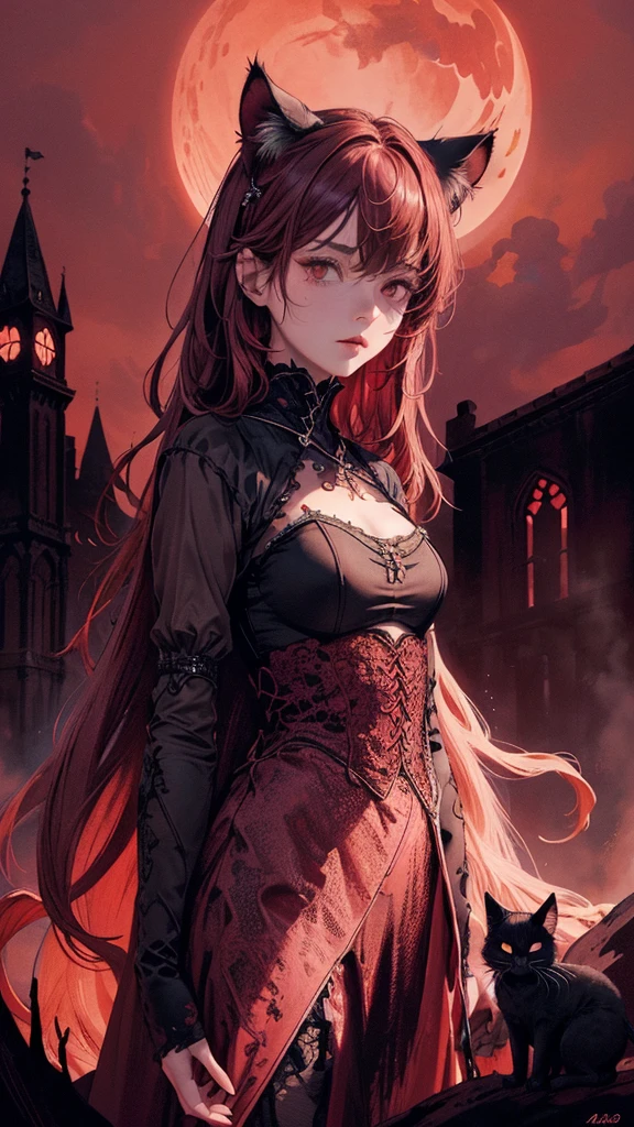 best quality, 4k, High resolution, masterpiece:1.2, Extremely detailed, Practical:1.37, Mood lighting, girl, Crucified, Pitch black sky, Red Moonlight, Weird atmosphere, Gothic style, Unforgettable beauty, Dramatic shadows, Ethereal Light, Mysterious atmosphere, cat ears, long hair, brown pink hair, red outfit