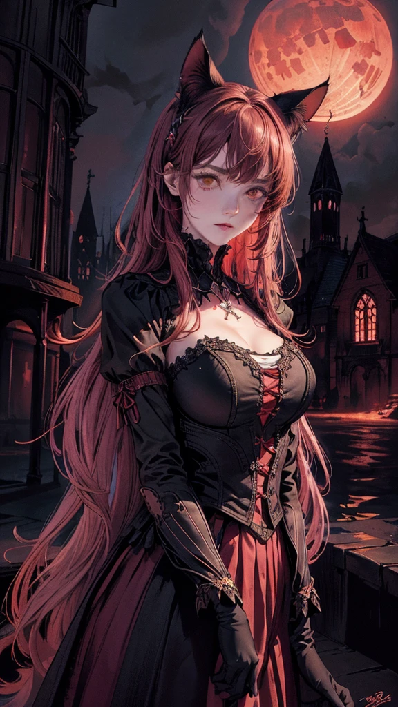 best quality, 4k, High resolution, masterpiece:1.2, Extremely detailed, Practical:1.37, Mood lighting, girl, Crucified, Pitch black sky, Red Moonlight, Weird atmosphere, Gothic style, Unforgettable beauty, Dramatic shadows, Ethereal Light, Mysterious atmosphere, cat ears, long hair, brown pink hair, red outfit