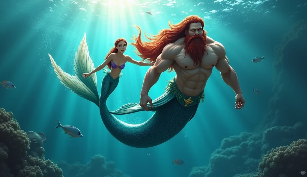 King merman and his mermaid daughter Ariel, swimming through the sea