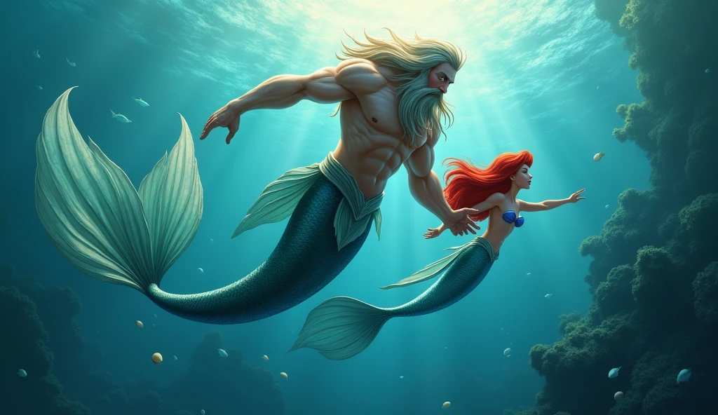 King merman and his mermaid daughter Ariel, swimming through the sea