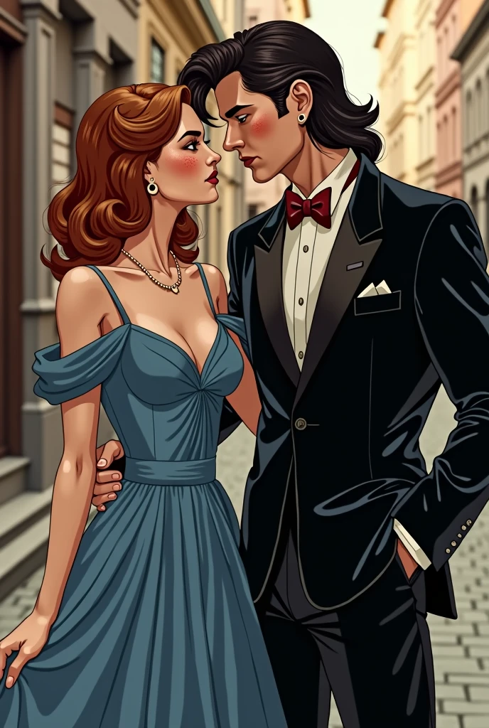 a man dressed in a black velvet suit with a mullet haircut, the black shirt the burgundy bow full body with a woman with a blue dress type with medium short hair the red-haired woman with freckles