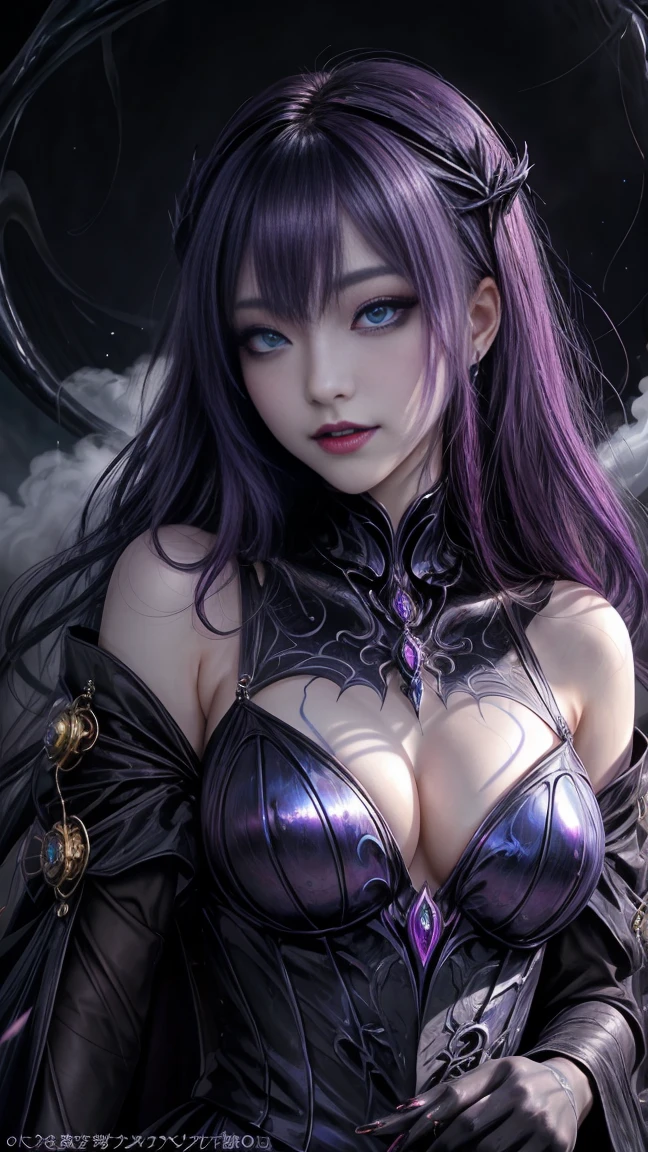 強力なスーパーevil女がクローズアップでポーズをとる, Black Goddess (Expose your shoulders), length, Flowing purple hair, View your audience, Highly detailed face, Perfect hands, Blue smoke swirling around her, evil事を愛する, Captivating blue eyes, Dark fantasy, Genuine, Symmetric, Attention to detail, Esoteric arachnids lady, Spider Queen Elise, League of Legends, Esoteric arachnids, Combat Stance, ( The body is made with liquid metallic paints in metallic mauve and metallic black....、It beautifully depicts the female form....。), length, Sharp Fangs, nature, ((Complex metallic colors in the foreground)), (( Fluid Mechanics, The most beautiful smooth scale face makeup, Smirking expression)) - Dark blood, Onyxia、Noir painting of a beautiful young witch, length purple hair, dark purple lips, evil, evil女, smile, Black Prom Dress, She is coming to you, close, Bright Blue Eyes, Surrounded by swirling pink smoke, Genuine, Attention to detail, Highest quality