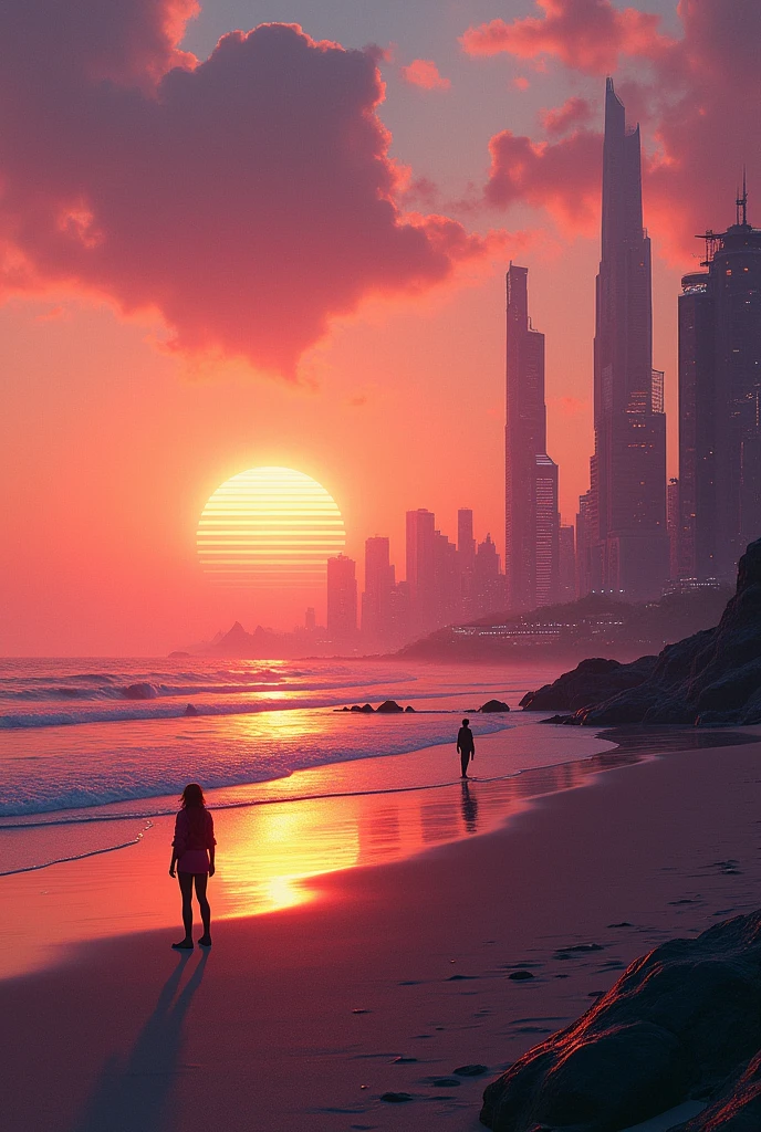 a cyberpunk themed beach, at sunset and that expresses tranquility