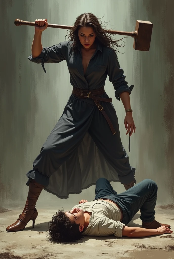 The woman raises a club and lands a heavy blow on the boy's head and he falls exhausted at her feet.