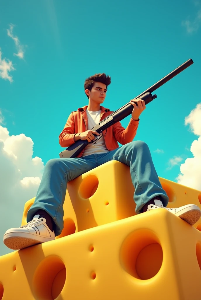 Boyfriend FNF, holding shotgun, sitting on gigantic block of cheese, chaos, blue and white aesthetic background, HD