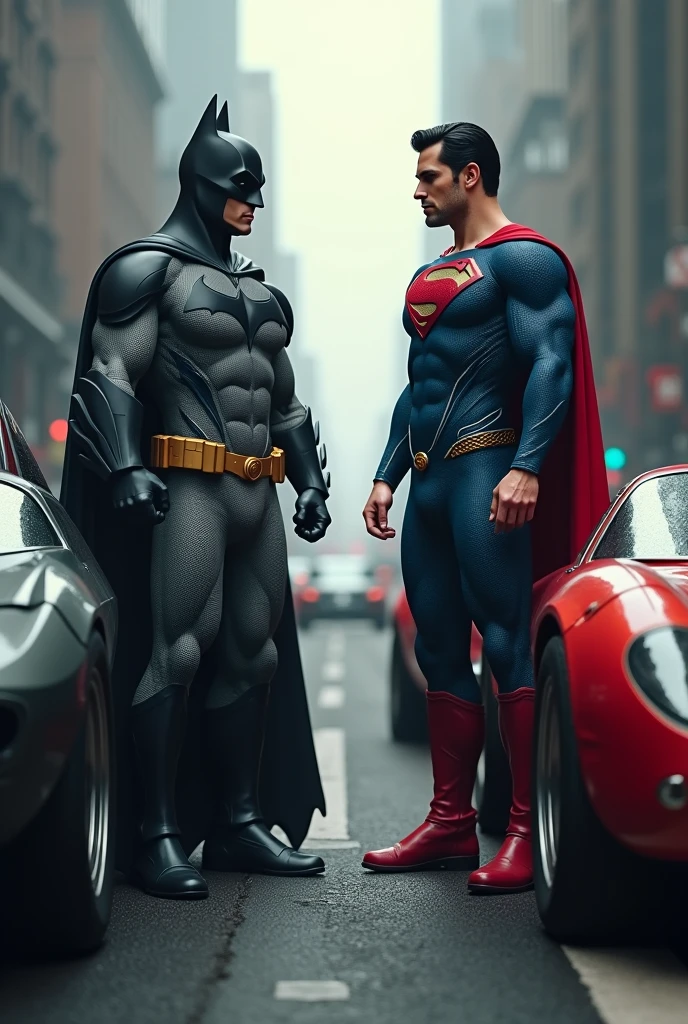 Batman and Superman with their cars