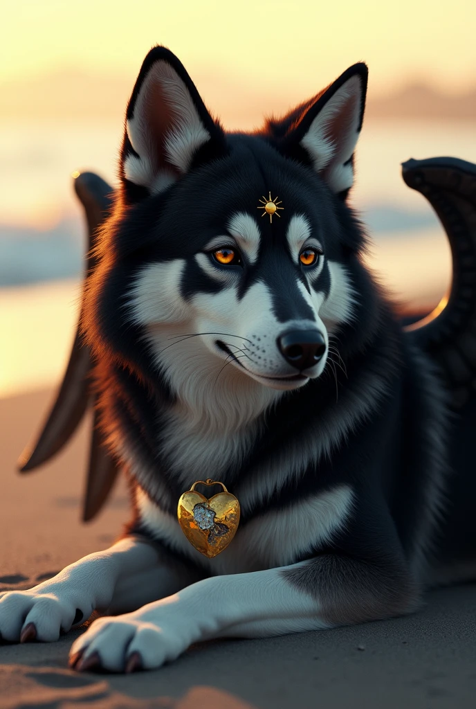 Black Siberian Husky wolf with wings lying on a beach.
Brown eyes and sad look.
A seal of a small sun on the forehead.
And a little broken glass heart in my chest .