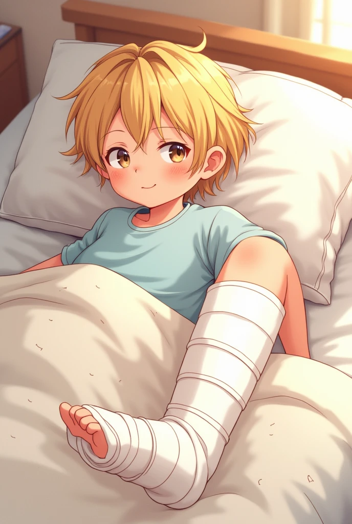 Blond boy with long plaster cast on his leg, Lying in bed, with pillow and blankets,Estilo anime,