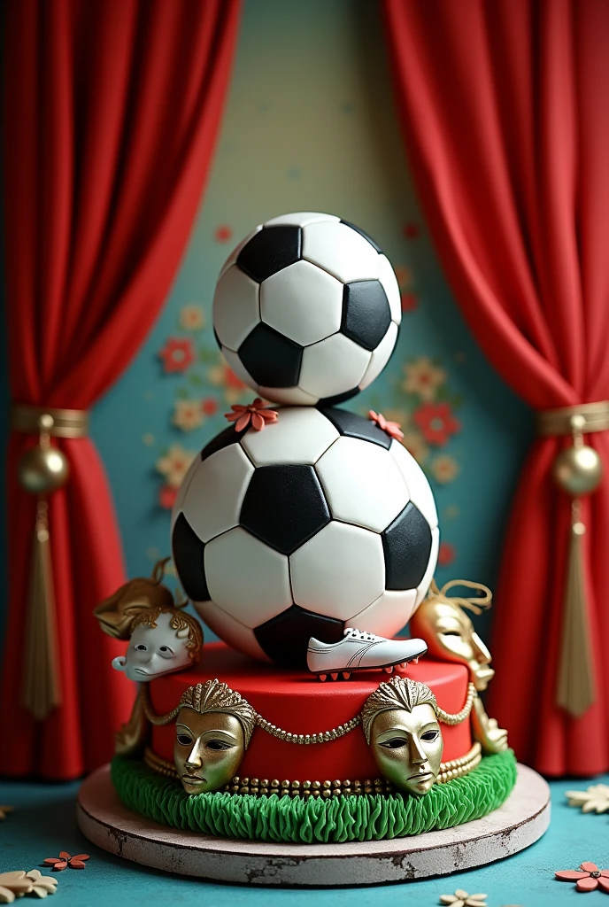 A one-tier cake of soccer and theater combined 
