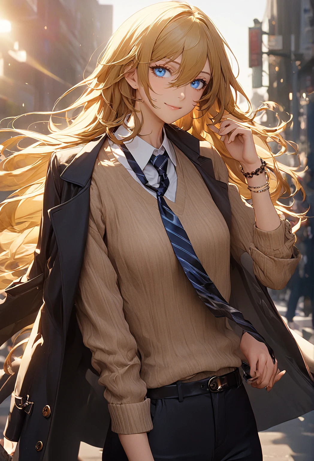 Long Hair, (blue eyes:1.3), Golden Hair, Hair between the eyes, smile,Mannish Fashion,
Long coat, Skinny pants, jewelry,Transparent black and brown vertical stripes , Striped, bracelet, Plaid, Plaid skirt, Striped necktie, Collared shirt, (Light brown sweater:1.2),
break downtown,sunlight,
break looking at viewer, (Cowboy Shot),
break (masterpiece:1.2), Highest quality, High resolution, unity 8k wallpaper, (figure:0.8), (Beautiful attention to detail:1.6), Highly detailed face, Perfect lighting, Highly detailed CG, (Perfect hands, Perfect Anatomy),