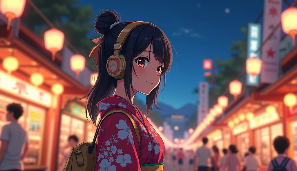 Perfect image, 8k、summer、night、high school girl、Big Breasts、Mature、yukata、looks fun、smile、Using headphones、festival、stall、 2D-style animation, Lo-Fi、Retro、Emotional、Anime style illustrations