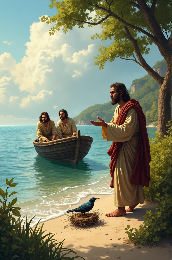 The ship approaches the shore. Jesus' disciples are exhausted but relieved. The little bird sings happily in its nest.