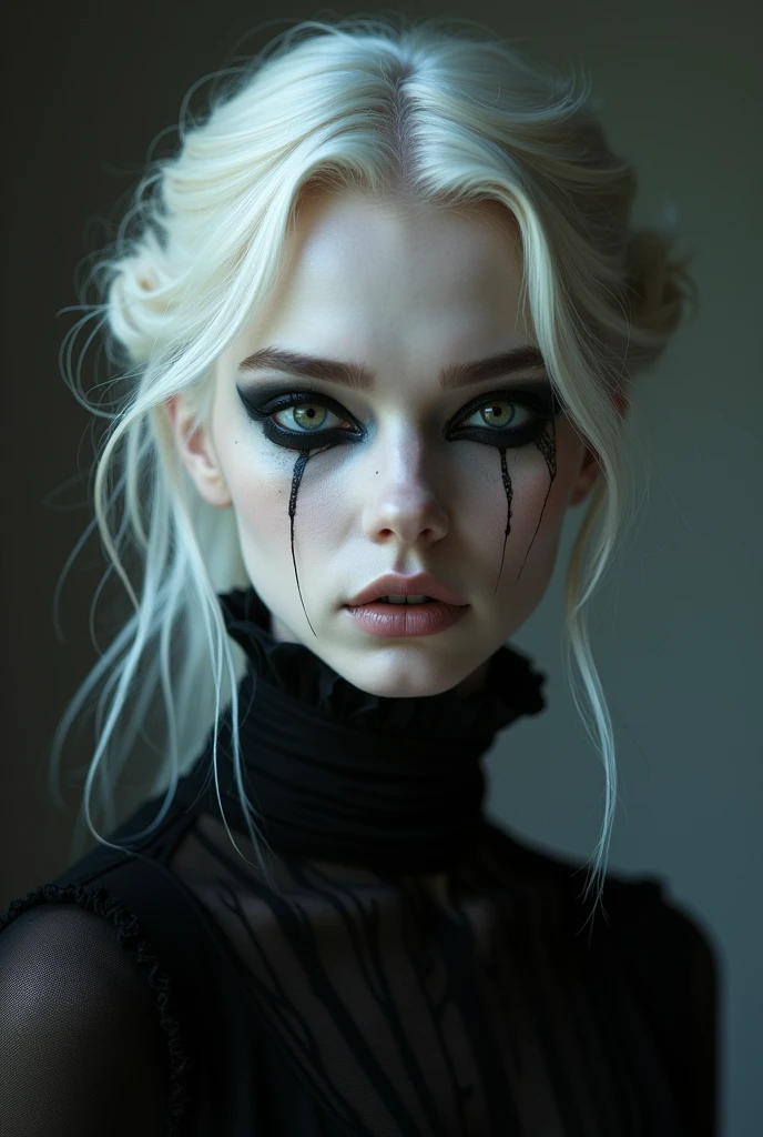 A ager with physical features of Elsa and Merlina Adams, with a serious and rigid expression