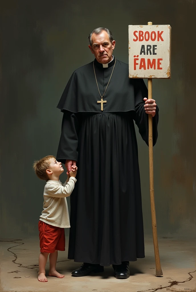 A Catholic priest stands facing forward, holding a sign with one hand and a &#39;s hand with the other., whole body, both facing each other