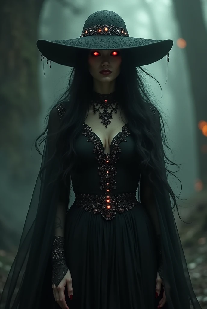 Draw a creepy woman dressed in black with a big hat, lots of jewels and red cat eyes, y with a dark malevolent aura.