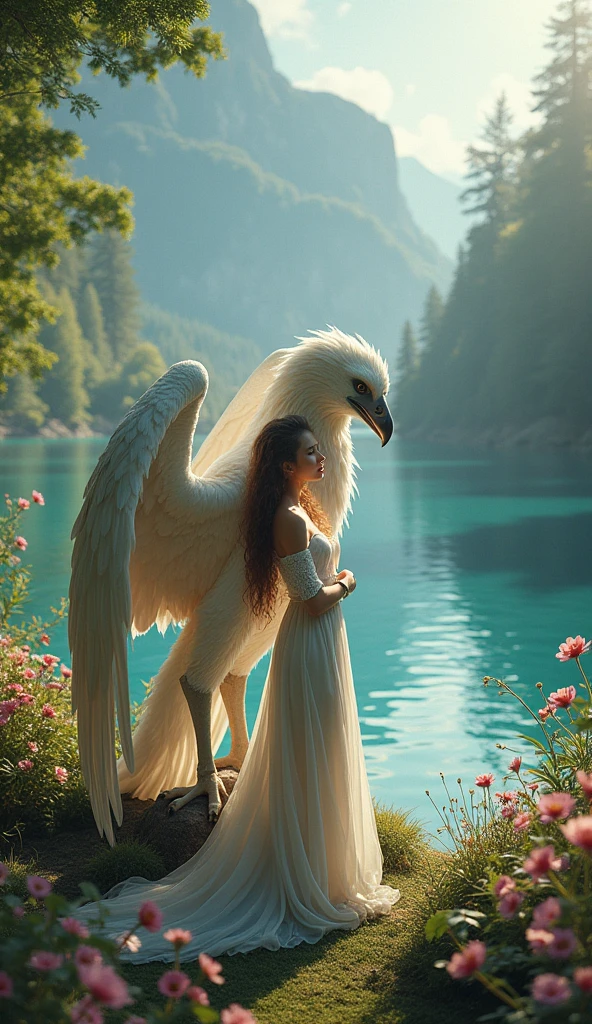 a beautiful girl playing with a griffin, fantasy, stunning lake scenery, beautiful flowers, intricate details, highly detailed, photorealistic, 8k, masterpiece, dramatic lighting, vibrant colors, serene atmosphere, whimsical, magical, elegant, fantasy landscape, enchanting, ethereal, mystical, cinematic, dramatic composition