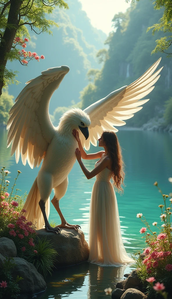 a beautiful girl playing with a griffin, fantasy, stunning lake scenery, beautiful flowers, intricate details, highly detailed, photorealistic, 8k, masterpiece, dramatic lighting, vibrant colors, serene atmosphere, whimsical, magical, elegant, fantasy landscape, enchanting, ethereal, mystical, cinematic, dramatic composition