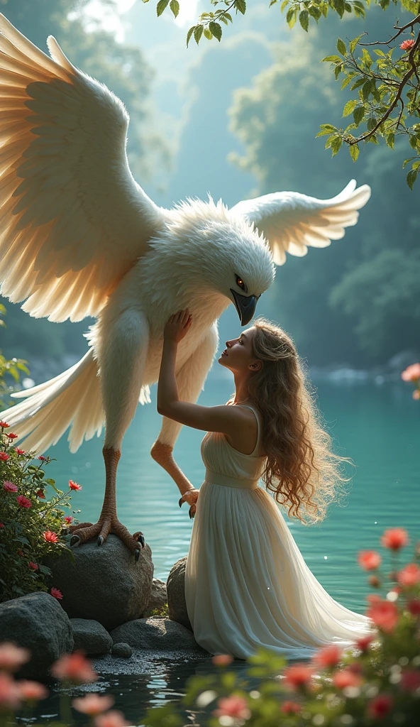 a beautiful girl playing with a griffin, fantasy, stunning lake scenery, beautiful flowers, intricate details, highly detailed, photorealistic, 8k, masterpiece, dramatic lighting, vibrant colors, serene atmosphere, whimsical, magical, elegant, fantasy landscape, enchanting, ethereal, mystical, cinematic, dramatic composition