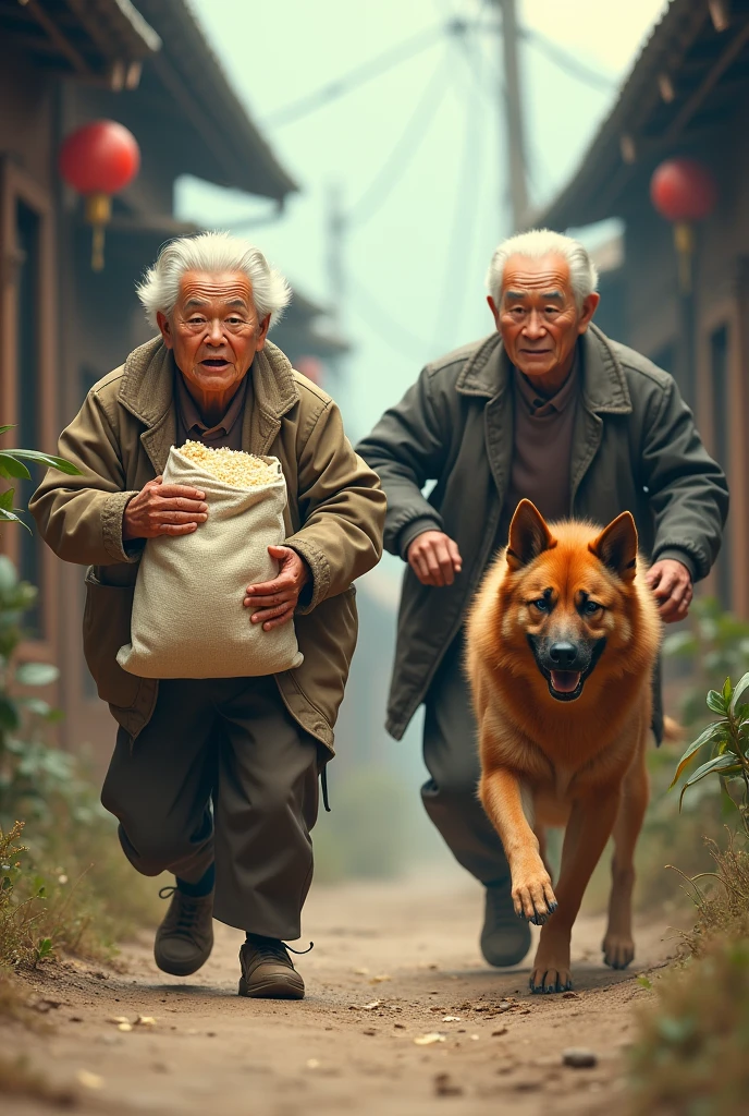 ((best quality)), ((Masterpiece)), (details), perfect face. Two grandparents, holding a bag of rice, running, looking panicked, along with a big dog.