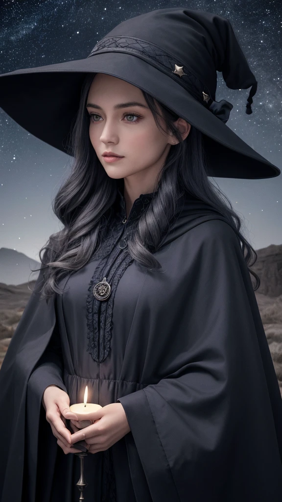 A single witch wearing a dark blue hat and cloak, with wavy gray hair, holding a candle. She is gazing directly at the viewer. The background features a starry sky and moon, with only her upper body depicted.