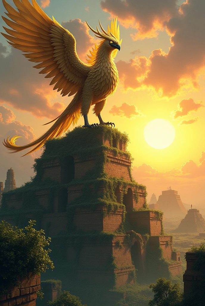 Ghibli Studio style, a majestic griffin with burnished gold feathers and glowing eyes perched atop a crumbling vine-covered ziggurat, bathed in the twilight hues of a setting sun. The Mesopotamian city below is overgrown with exotic flora in. The griffin's wings are slightly spread and have sharp metal edges, ornate plate armor.