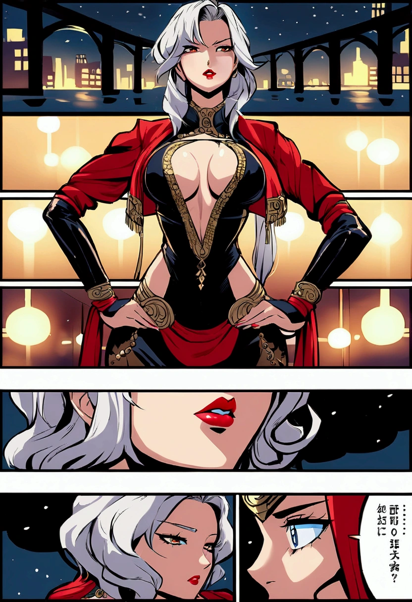 (((comic style, cartoon art))). ((1 girl)), Alone, A comic book style image of Rogue., with her as the central figure. she is standing. brown and white hair. She is wearing a traditional costume., bright red lips. (((hot body, Sexy outfit, sensual, perfect fingers), She is surrounded by a night UNDER THE MOONLIGHT., with skyscrapers, bridges and lights. He has a determined and confident expression., as if she was ready to fight crime. 