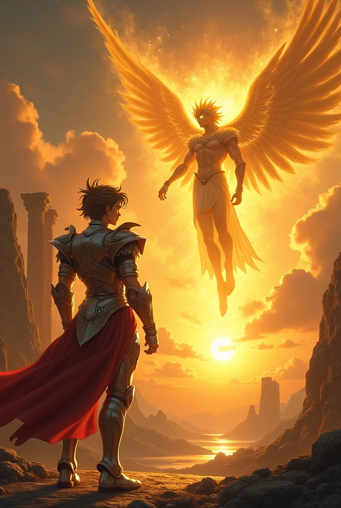 Sunset scenery with orange tones, roxo e dourado. Seiya in his Pegasus armor, standing and defiant, looking directly at Apollo, that floats, enveloped in a golden aura. Apollo has an enigmatic expression, with eyes shining gold. Background with ruins of Greek temples and golden clouds. Mythological atmosphere, contrasting Seiya's mortality with Apollo's divinity. Soft light of the setting sun reflecting on Seiya's armor, creating an introspective and powerful moment.