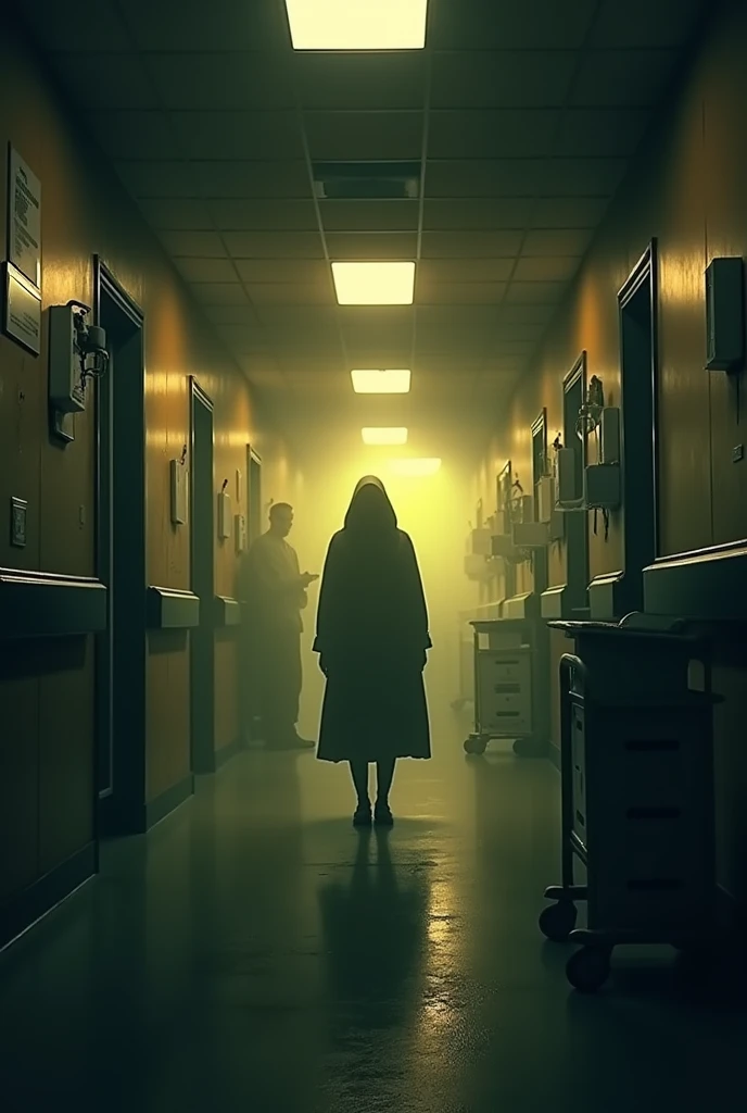 Generate an image inside a hospital with yellow lights and a title that says the secrets of the wellst hospital in Spanish alone in a hospital hallway with no windows