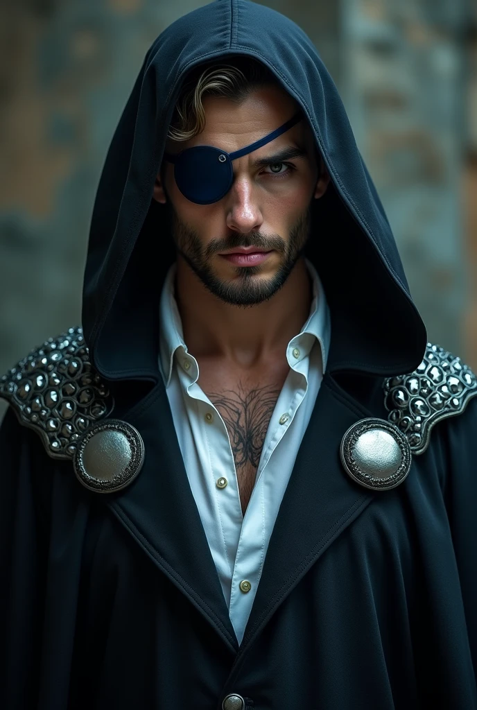 He looked about thirty and was very attractive despite his cold and cruel gaze. He had a dark blue patch over his left eye. His skin was pale and old scars were visible under his white buttonless shirt. He wore a black heavy cloak with silver stones on the shoulder.