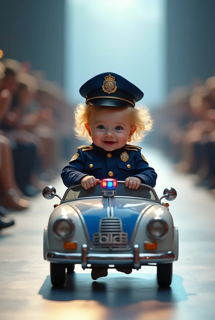 Create a scene where an adorable blonde royal  is wearing a police outfit, and is riding in a police baby parading down the runway, 4k motion camera