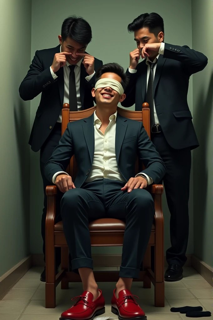 Handsome malay Zarul 22years lawyer
He laugh
Focus 5toefeet
Shoeless
Red loafer Shoes
Hand Handcuff wooden chair
blindfolded
feather on floor
Pair of Blacksock on floor
2 mafia pinch their nose
Black sock
The mafia boss tickle his soles