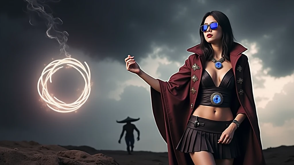 A young futuristic female sorcerer with a glowing floating small crystal stone, releasing mysterial spell and magical power, facing and defeating dark forces and beings. She stands with her right hand raised forward with a blue fire of light, Sun Wukong is chasing behind, at night, (1girl, solo, alone), photorealistic, large-breast slim:0.6 body, oval:0.5 face, cleavage:1.1, very low angle view of pleated miniskirt, deep-v, (upskirt), glove, (Matrix style black micro sunglasses), dynamic running pose, (half-body thigh level close-up shot), cinematic lighting, ray tracing, motion blur background.