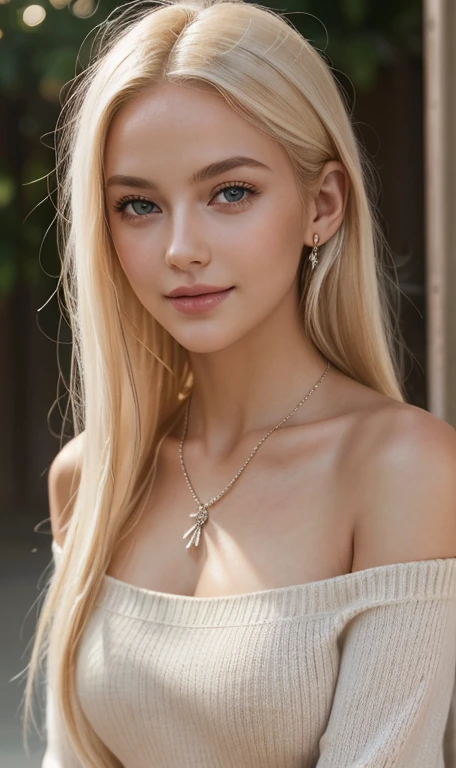 (masterpiece), (best quality), 1girl, (perfect face:1.2), (beautiful face:1.2), platinum blonde hair, Long hair, Bare shoulders, Brown eyes, happy, light smile, {{soft features}}, looking at viewer, pose, intricate, depth of field, cinematic lighting, Full body, a necklace, off shoulders, Sweaters, Realistic, sexy
