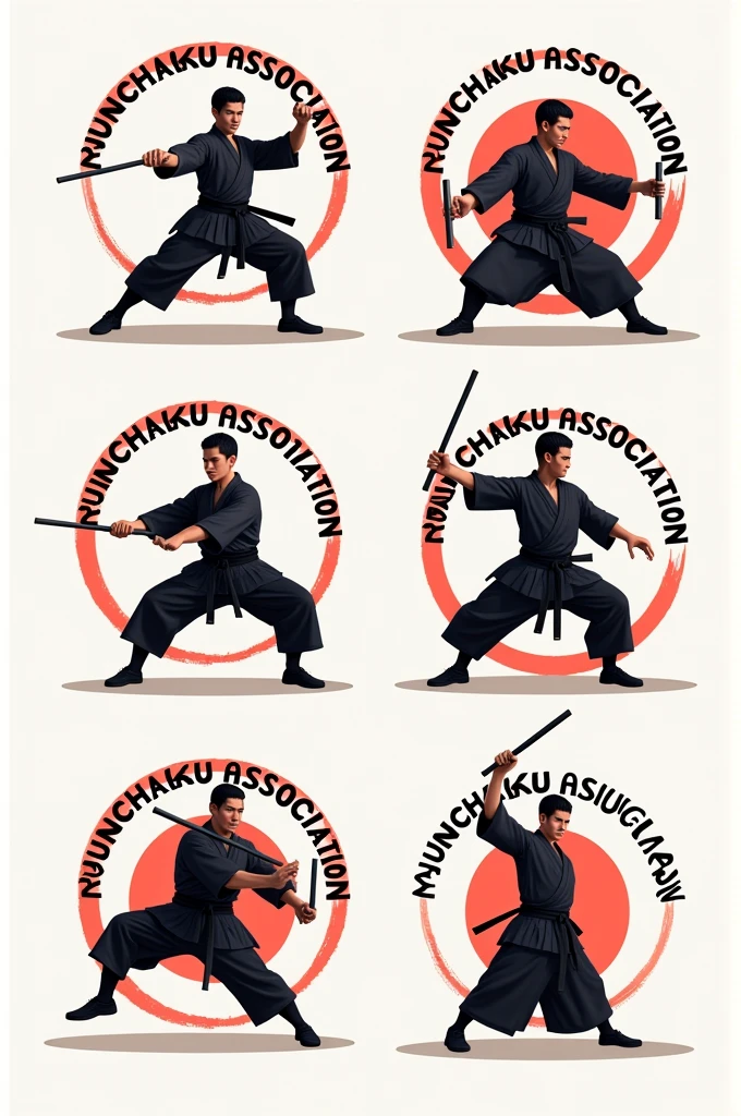 make a round logo of nanchaku in which clearly written nunchaku association of bulandshahr use a Japanese man in center using a nunchaku at in different ways.make it more realistic and attractive. Make 5 logo of it