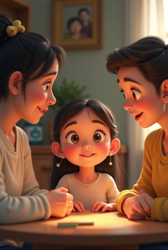 Girl of approximately talking to her dad and mom