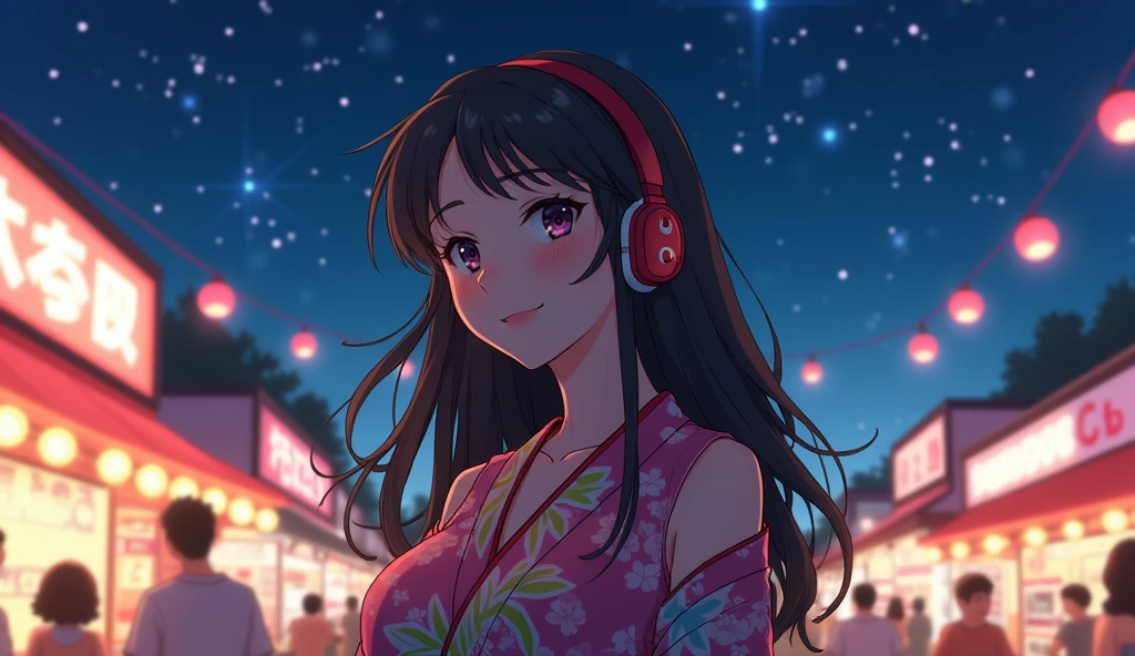 Perfect image, 8k、summer、night、high school girl、Mature、Big Breasts、yukata、looks fun、smile、Using headphones、festival、stall、 2D-style animation, Lo-Fi、Retro、Emotional、Anime style illustrations