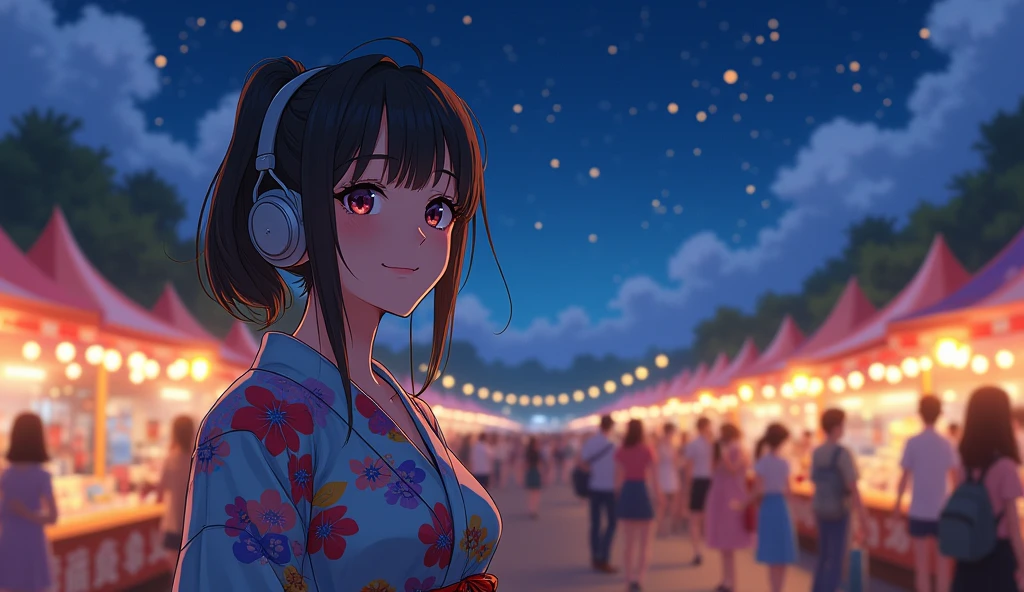 Perfect image, 8k、summer、night、high school girl、Mature、Big Breasts、yukata、looks fun、smile、Using headphones、festival、stall、 2D-style animation, Lo-Fi、Retro、Emotional、Anime style illustrations