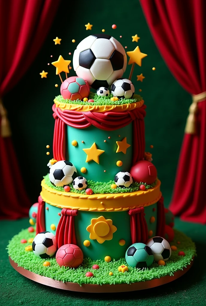 A one-tier cake of soccer and theater combined  , without the balls on top 

