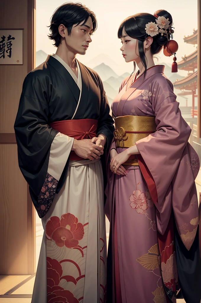 a man and a woman in kimono stand side by side, an illustration inspired by Suzuki Harunobu, shutter, Ukiyo-e, rob rey and kentarõ miura, rob rey and kentarõ miura style, japanese goddess, beautiful gemini of good and evil, ancient chinese goddess, Rob Rey and Kentaro Miura style