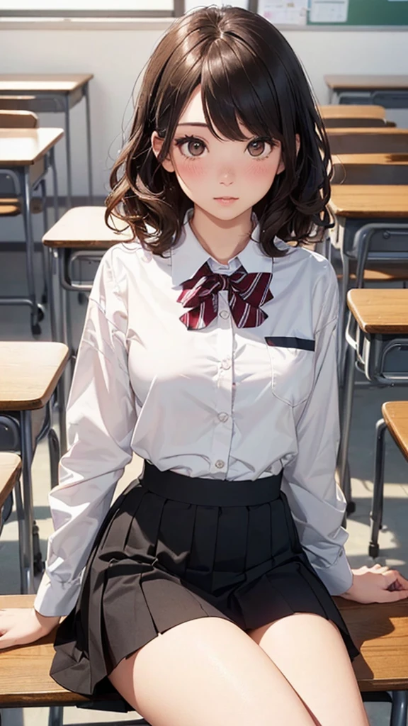 ((Tabletop, Highest quality, High resolution, Hmph, Pixel perfect, 4K, Hmph, Hmph))), One Girl, single, alone, Beauty、The whole body is visible、 ((Short Wavy Hair, bangs, Brown Hair)), ((Brown eyes, Beautiful eyelashes, Realistic eyes)), ((Detailed face, blush:1.2)), ((Smooth texture:0.75, Realistic texture:0.65, Realistic:1.1, Anime CG style)), Medium chest, Dynamic Angle, Perfect body, ((school uniform,  White shirt, Black Skirt, Unbuttoned shirt、Checked skirt、I'm not wearing shoes、White Sox)), An empty classroom、Sit at a desk、Lower&#39;I took my feet off the desk...................................、evening、、、Very embarrassing panic smile、(Lift up your skirt with your right hand、Spread your legs、Open your knees wide、Light blue and yellow floral lace panties)、、(Cute floral bra)、Angle from below