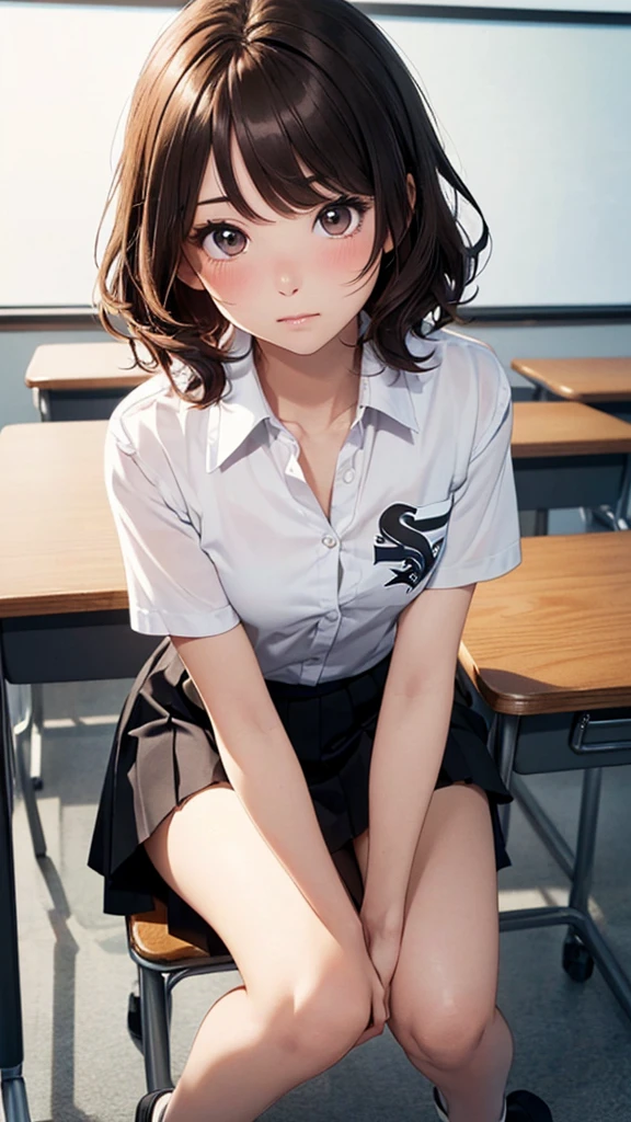 ((Tabletop, Highest quality, High resolution, Hmph, Pixel perfect, 4K, Hmph, Hmph))), One Girl, single, alone, Beauty、The whole body is visible、 ((Short Wavy Hair, bangs, Brown Hair)), ((Brown eyes, Beautiful eyelashes, Realistic eyes)), ((Detailed face, blush:1.2)), ((Smooth texture:0.75, Realistic texture:0.65, Realistic:1.1, Anime CG style)), Medium chest, Dynamic Angle, Perfect body, ((school uniform,  White shirt, Black Skirt, Unbuttoned shirt、Checked skirt、I'm not wearing shoes、White Sox)), An empty classroom、Sit at a desk、Lower&#39;I took my feet off the desk...................................、evening、、、Very embarrassing panic smile、(Lift up your skirt with your right hand、Spread your legs、Open your knees wide、Light blue and yellow floral lace panties)、、(Cute floral bra)、Angle from below