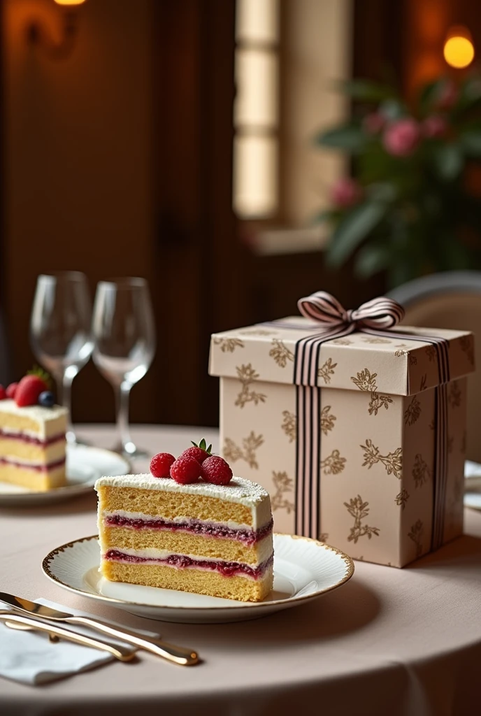 Gift box of ladies suit on dining table and along side there's should layers bakery cake