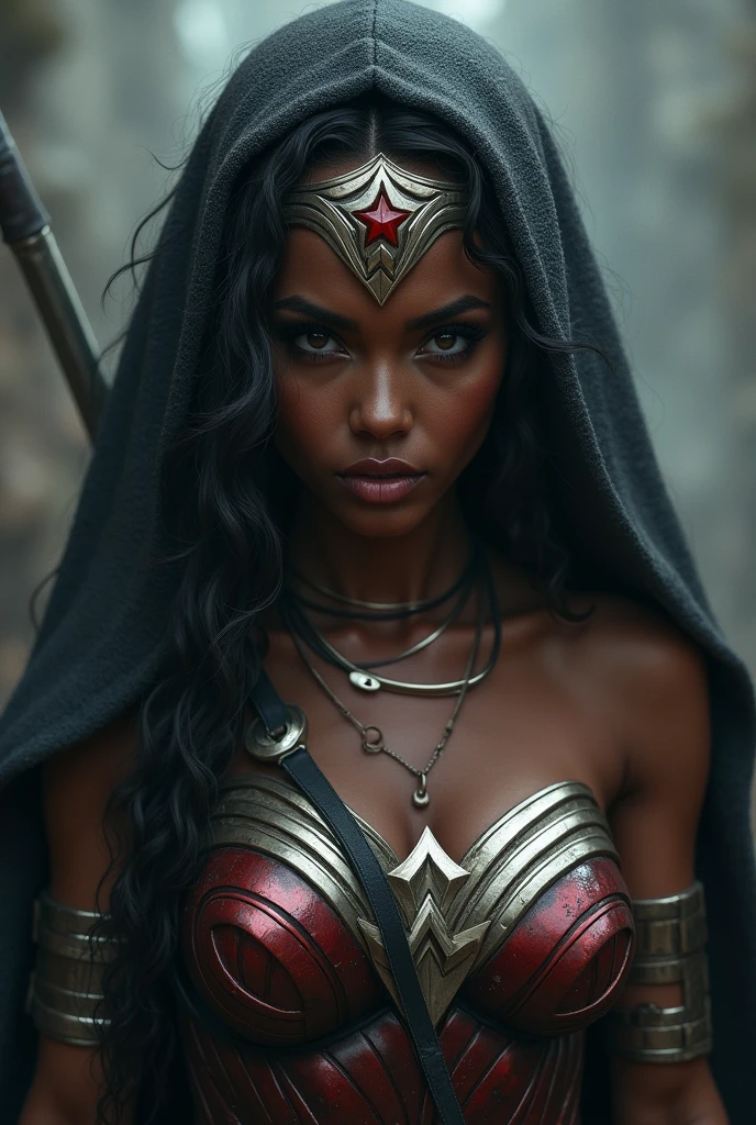 A beautiful dark-skinned woman under the cloak of the Amazon warrior Wonder Woman headband in silver-colored metal with a red star on her forehead