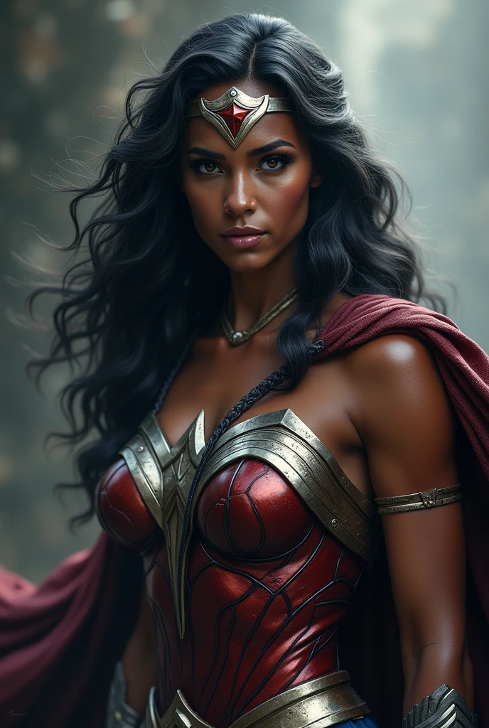A beautiful dark-skinned woman under the cloak of the Amazon warrior Wonder Woman headband in silver-colored metal with a red star on her forehead