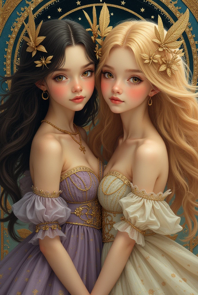 A realistic award-winning artistic masterpiece, fusion of Seraphine and Jinx, celestial figures with whimsical elements, youthful energy radiating, dramatic expressions captured, copious detailing in characters and background, ornate ethereal ambiance surrounding them, dynamic composition showcasing both characters harmoniously blended, painterly texture enhancing the scene, soft yet vivid color palette with warm tones, highly detailed 8K resolution, Silver Metallic, inspired by Renaissance styles, intricate patterns in clothing, expressive eyes and lips on characters, flowing hair, starry background Negative Prompt: nsfw, (low quality, normal quality, worst quality, jpeg artifacts), cropped, monochrome, low-res, low saturation, ((watermark)), (white letters), skin spots, acne, skin blemishes, age spot, mutated hands, mutated fingers, deformed, bad anatomy, disfigured, poorly drawn face, extra limb, ugly, poorly drawn hands, missing limb, floating limbs, disconnected limbs, out of focus, long neck, long body, extra fingers, fewer fingers, (multi nipples), bad hands, signature, username, bad feet, blurry, bad body