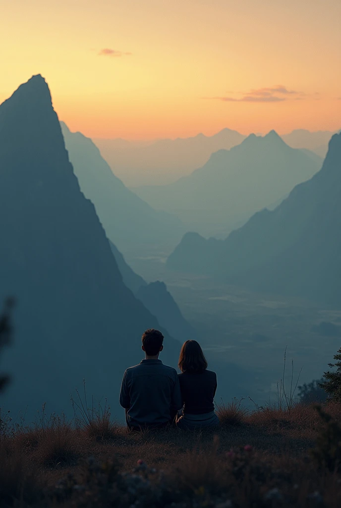 A man and woman sitting at edge of hill. Hill is so much high. A big plain ground is their at bottom of hill and it is spread in very huge area. They both facing towards ground or mountains which are far apart from them. The mountain are far apart from them.Do not make it smoky or invisible the view of mountain assume that the environment is clear. The scene is of evening.The image should give back facing of them and facing towards ground or mountain. 
Generate the image.Keep the previous image as at is and make the hill higher. Reduce the no of mountain in previous image make them far apart from the hill. The mountain should be big. Keep the view exactly back of them. Reduce the no of mountain. Keep a big ground at bottom of hill which is spread in large area. 