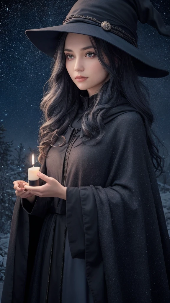 A single witch wearing a dark blue hat and cloak, with wavy gray hair, holding a candle. She is gazing directly at the viewer. The background features a starry sky and moon, with only her upper body depicted.
